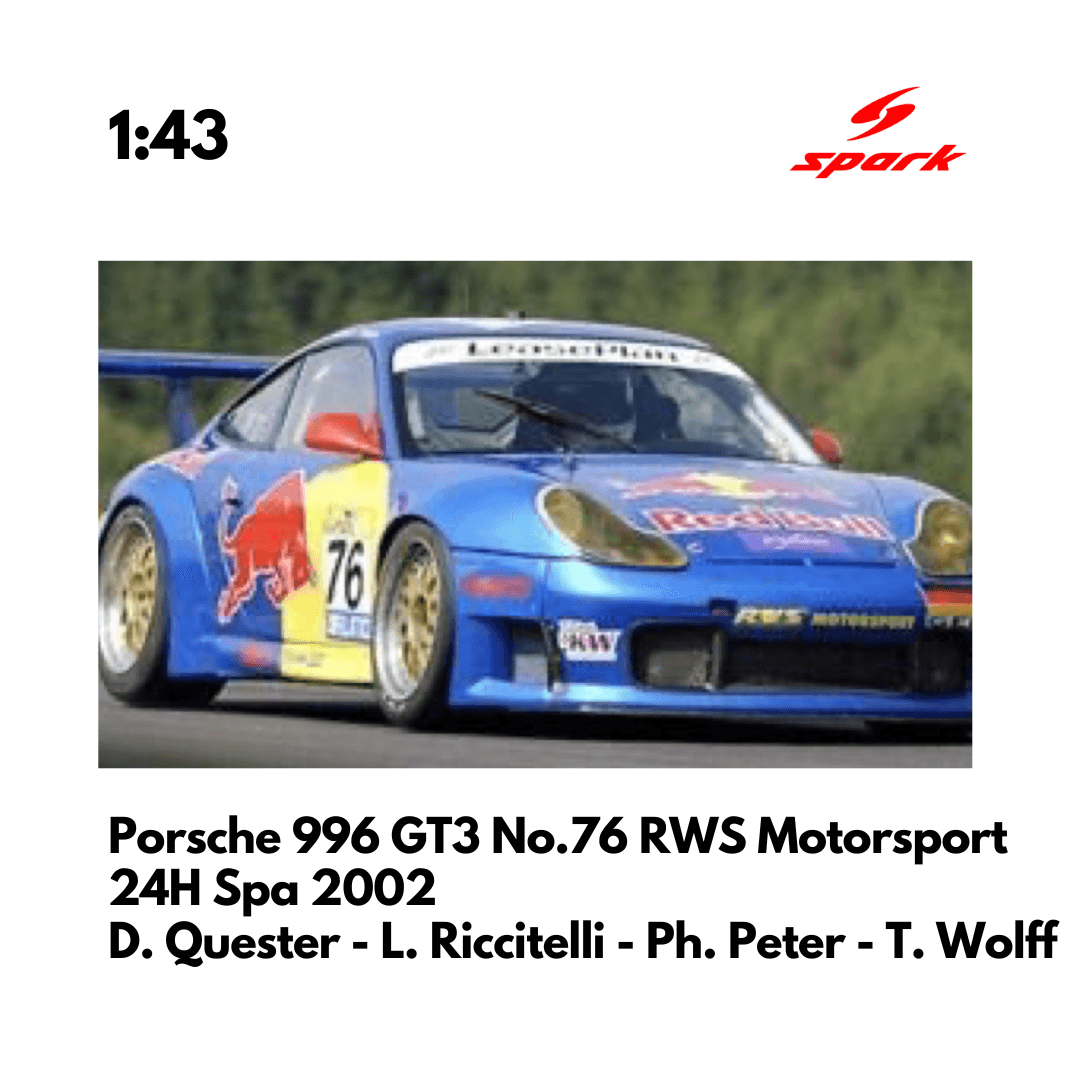 Porsche 996 GT3 No.76 RWS Motorsport - 24H Spa 2002 - 1:43 Spark Model Car