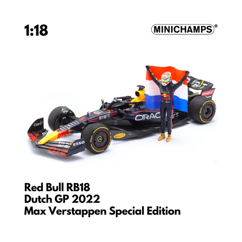 RED BULL RACING #1 ZANDVOORT  DUTCH GP WINNER 2022 WITH FLAG AND FIGURE MAX VERSTAPPEN 1:18 Model Car- Minichamps