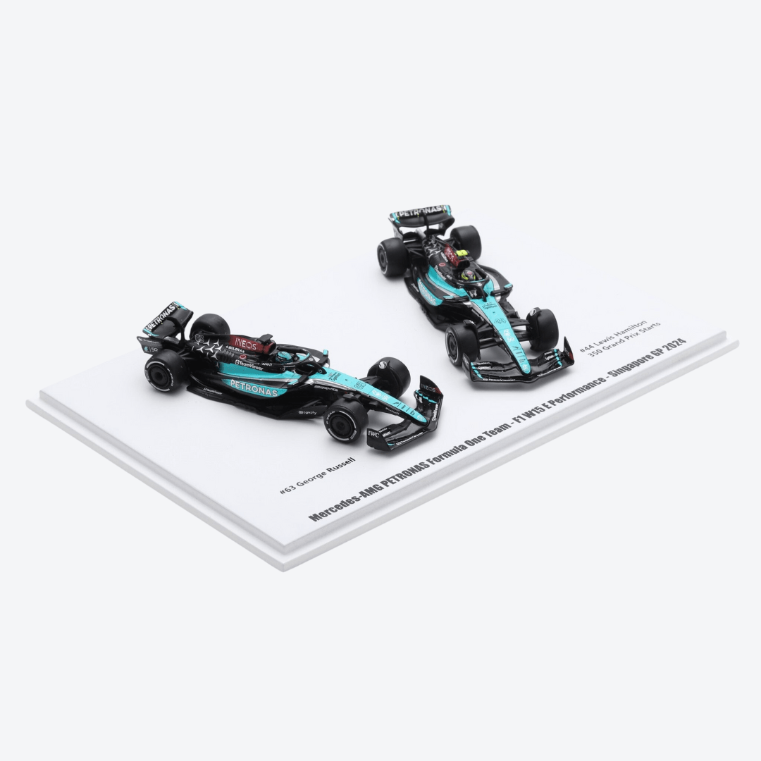 Mercedes AMG F1 W15 2024 F1 Model Car Set - Petronas 50 Years Singapore GP 2024 Special Livery - Lewis Hamilton & George Russell Model Car - Scale 1:64 Sparky