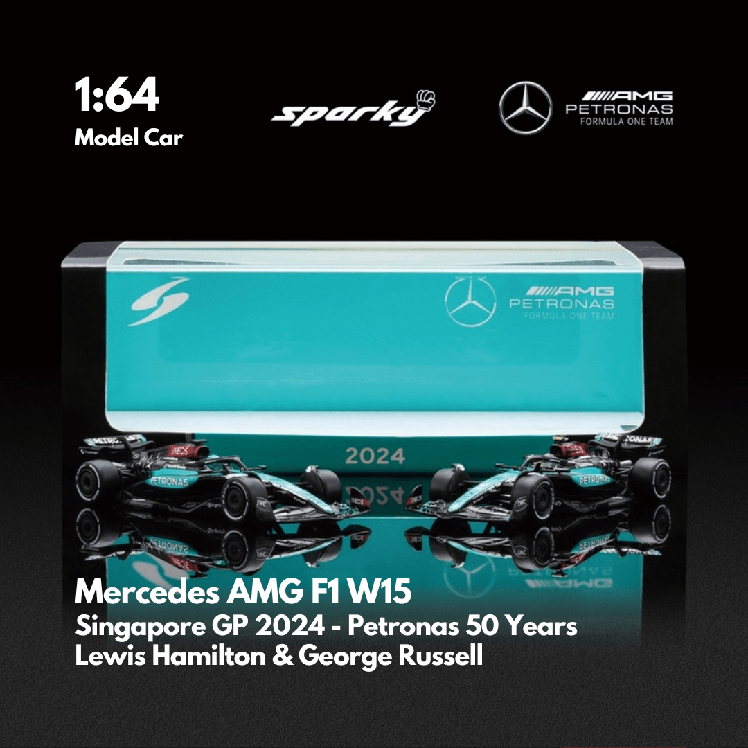 Mercedes AMG F1 W15 2024 F1 Model Car Set - Petronas 50 Years Singapore GP 2024 Special Livery - Lewis Hamilton & George Russell Model Car - Scale 1:64 Sparky