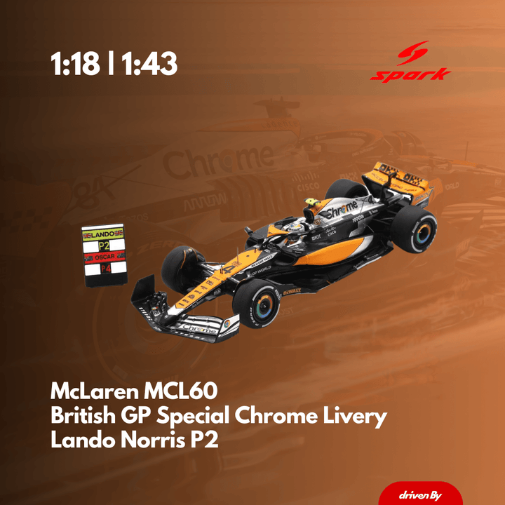 McLaren MCL60 | Chrome Livery British GP 2023 Model Car Lando Norris 2nd With Pit Board & Oscar Piastri 4th - Spark Model