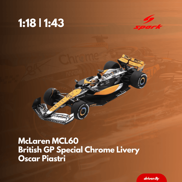 McLaren MCL60 | Chrome Livery British GP 2023 Model Car Lando Norris 2nd With Pit Board & Oscar Piastri 4th - Spark Model