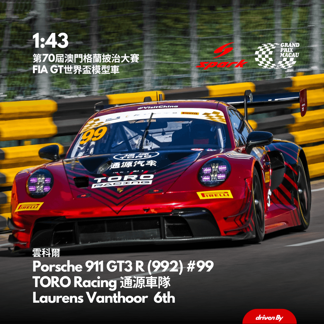 Porsche 911 GT3 R (992) #99 TORO Racing 通源車隊 Laurens Vanthoor FIA GT World Cup 2023 6th - 1:43 Spark Model Car