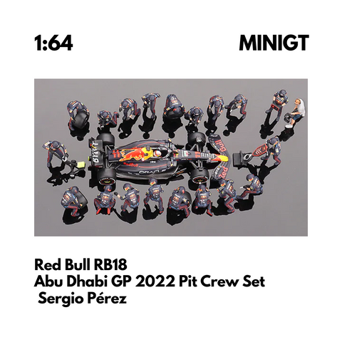 Mini GT 1:64 Red Bull Racing RB18 #11 Sergio Pérez 2022 Abu Dhabi GP Pit Crew Set Resin Figure Include (MGTS0007) Diecast Model Car