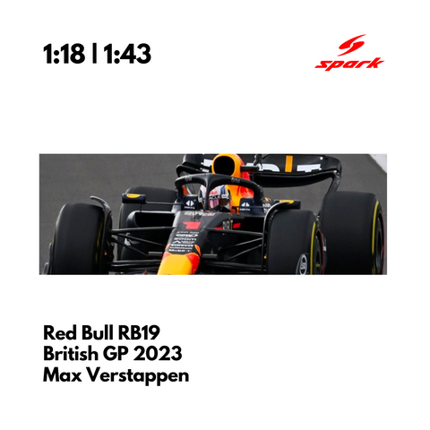 Red Bull Racing RB19 - Winner British GP 2023  - Max Verstappen Model Car with Pit Board - Spark Model