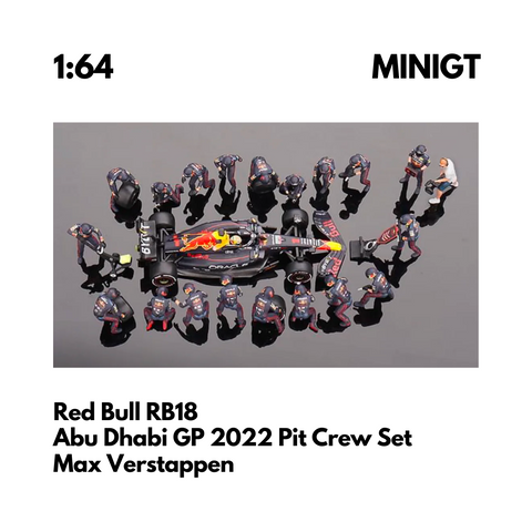 Mini GT 1:64 Red Bull Racing RB18 #1 Max Verstappen 2022 Abu Dhabi GP Pit Crew Set Resin Figure Include (MGTS0007) Diecast Model Car