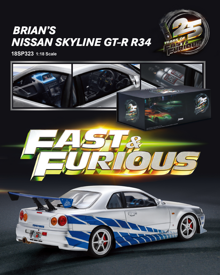 Nissan GT-R R34 Fast and Furious - Spark 1:18 Model Car