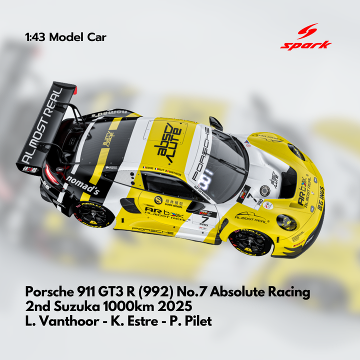 Porsche 911 GT3 R (992) No.7 Absolute Racing  2nd Suzuka 1000km 2025 - Spark Model Car
