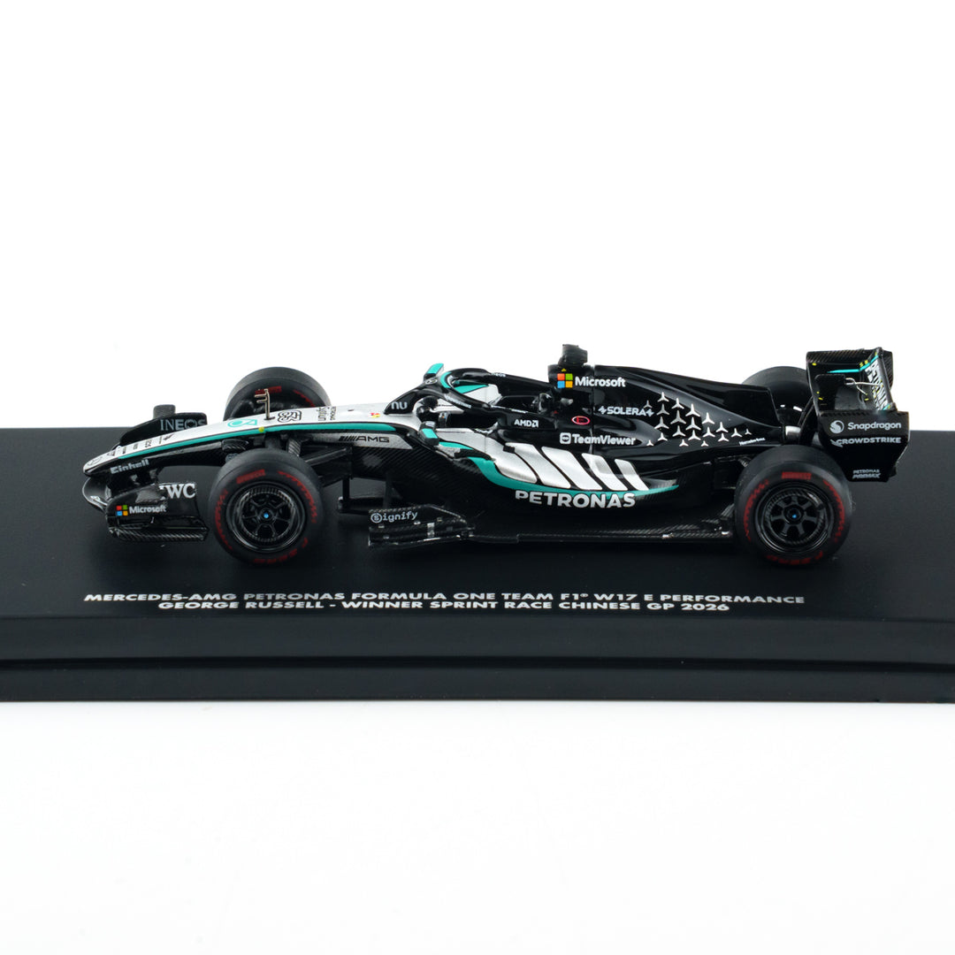 Scale 1:64 George Russell Sprint victory Chinese GP 2026 Mercedes W17 With Figurine &amp; Pitboards- 1:64 Minichamps Model Car