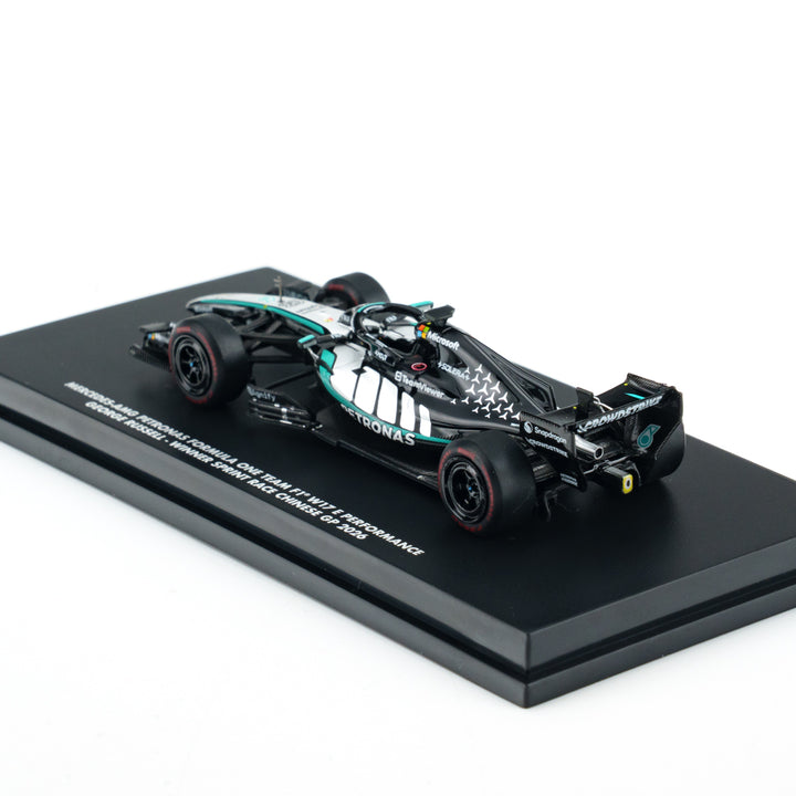 Scale 1:64 George Russell Sprint victory Chinese GP 2026 Mercedes W17 With Figurine &amp; Pitboards- 1:64 Minichamps Model Car