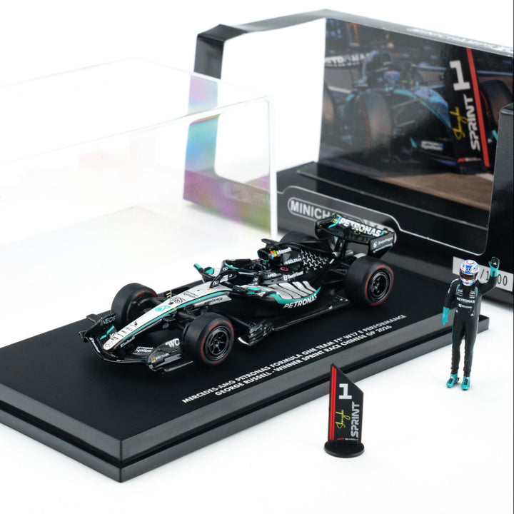 Scale 1:64 George Russell Sprint victory Chinese GP 2026 Mercedes W17 With Figurine &amp; Pitboards- 1:64 Minichamps Model Car