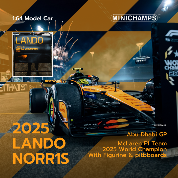 Scale 1:64 Lando Norris Abu Dhabi GP 2025 World Champion McLaren MCL39 With Figurine & Pitboards- 1:64 Minichamps Model Car