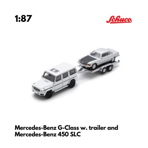 Mercedes-Benz G-Class w. trailer and Mercedes-Benz 450 SLC - Schuco Model Car 1:87