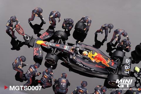 Mini GT 1:64 Red Bull Racing RB18 #1 Max Verstappen 2022 Abu Dhabi GP Pit Crew Set Resin Figure Include (MGTS0007) Diecast Model Car