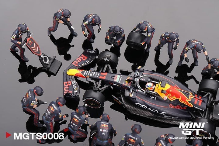 Mini GT 1:64 Red Bull Racing RB18 #11 Sergio Pérez 2022 Abu Dhabi GP Pit Crew Set Resin Figure Include (MGTS0007) Diecast Model Car