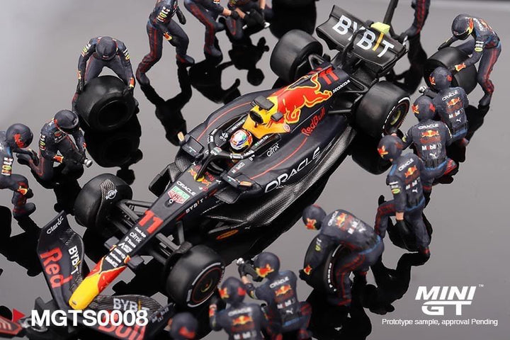 Mini GT 1:64 Red Bull Racing RB18 #11 Sergio Pérez 2022 Abu Dhabi GP Pit Crew Set Resin Figure Include (MGTS0007) Diecast Model Car