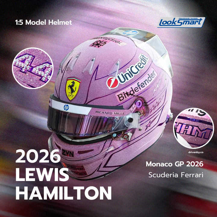 Pink racing helmet with branding and text for 2026 Monaco GP Lewis Hamilton, featuring LookSmart logo.