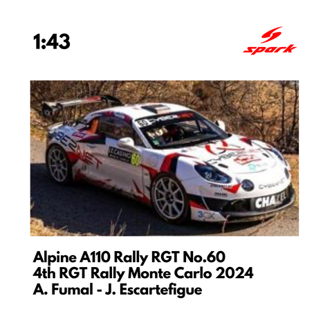 Alpine A110 Rally RGT No.60 Chazel Technologies Course - 4th RGT Rally Monte Carlo 2024 - 1:43 Spark Model Car