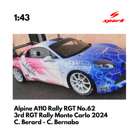 Alpine A110 Rally RGT No.62 - 3rd RGT Rally Monte Carlo 2024 - 1:43 Spark Model Car