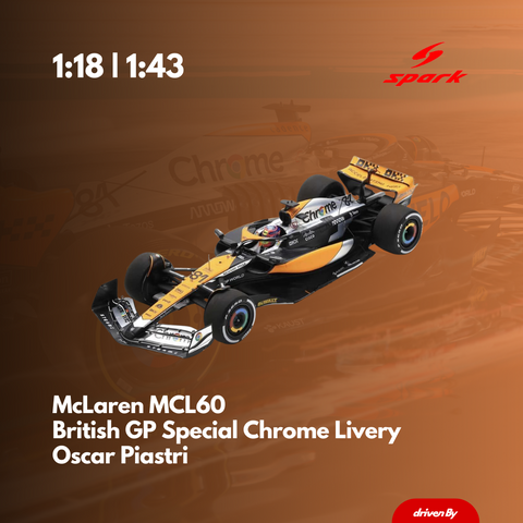 McLaren MCL60 | Chrome Livery British GP 2023 Model Car Lando Norris 2nd With Pit Board & Oscar Piastri 4th - Spark Model