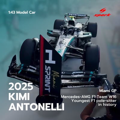 Kimi Antonelli - Miami GP 2025 Sprint Qualifying Pole Mercedes F1 W16 Model Car W/ Pitboard - Spark Model