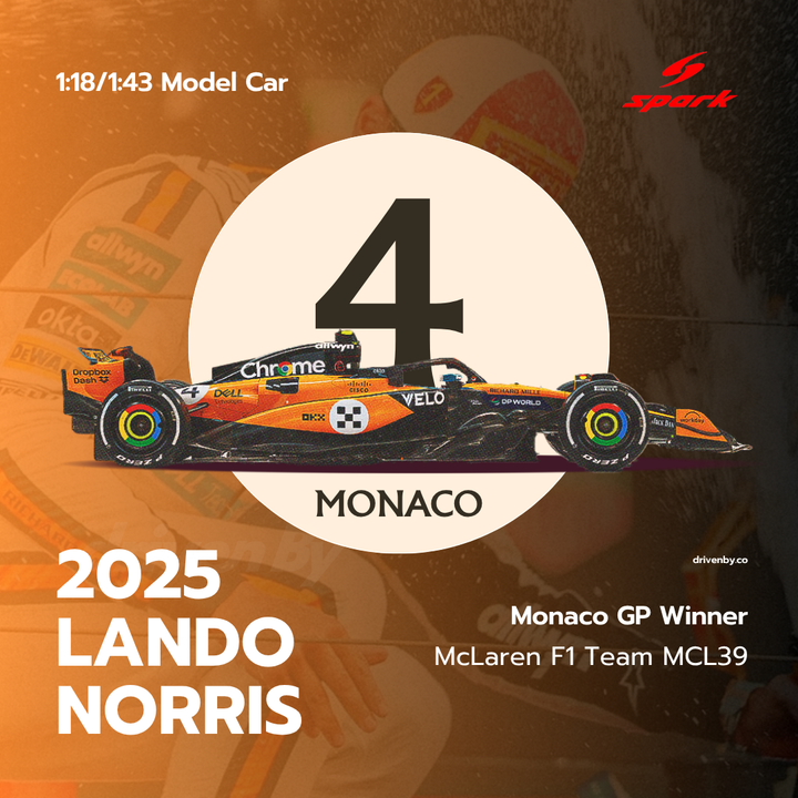 Lando Norris - McLaren MCL39 Monaco GP 2025 Winner Model Car W/ Pitboard - Spark Model