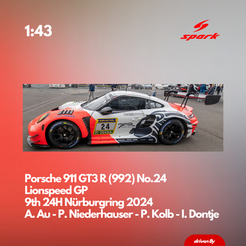 Porsche 911 GT3 R (992) No.24 Lionspeed GP 9th 24H Nürburgring 2024 Lamborghini Huracán GT3 EVO2 No.27 RED BULL TEAM ABT 5th 24H Nürburgring 2024 - 1:43 Spark Model Car