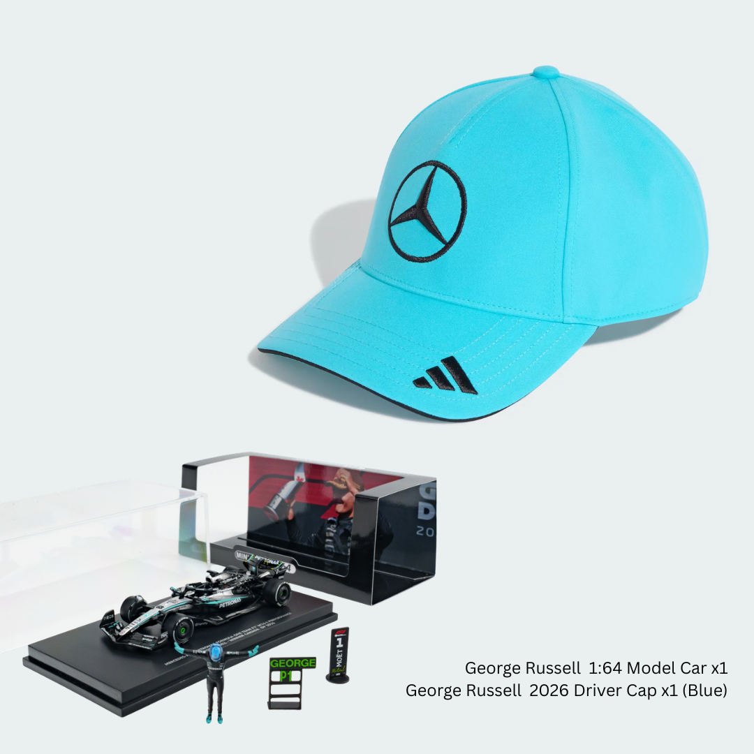 Scale 1:64 George Russell Winner Canada GP 2025 Mercedes W16 With T Pose Figurine &amp; Pitboards- 1:64 Minichamps Model Car