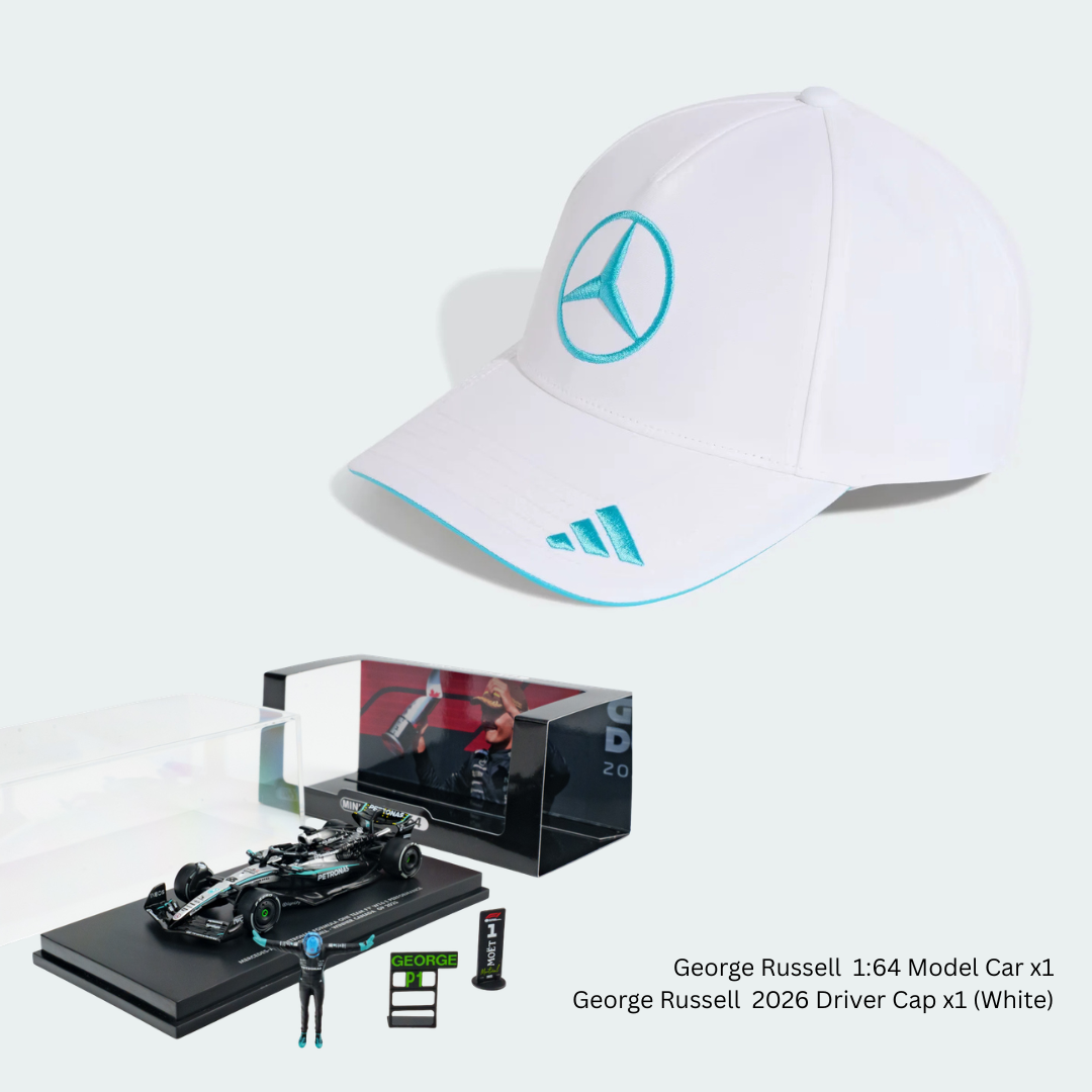 Scale 1:64 George Russell Winner Canada GP 2025 Mercedes W16 With T Pose Figurine &amp; Pitboards- 1:64 Minichamps Model Car