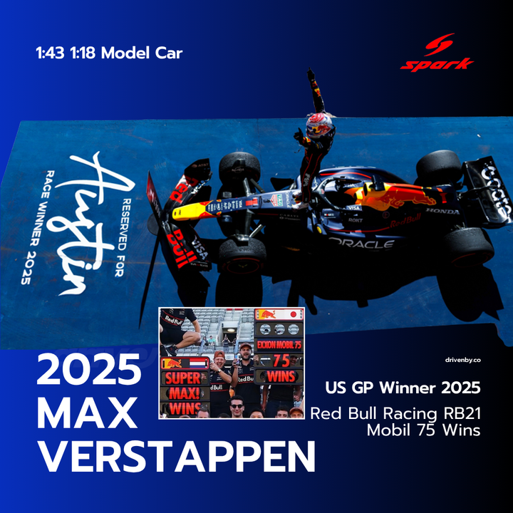 Max Verstappen US GP 2025 Winner Red Bull RB21 With Pitboards &amp; Bigger Base Model Car - Spark Model